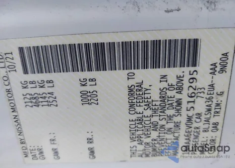 2021 Nissan Maxima Sr Xtronic Cvt z USA, uszkodzony, nr VIN 1N4AA6EV0MC516295